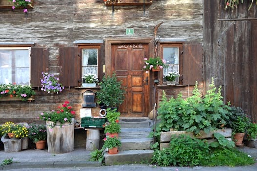 Charming rustic house entrance with wooden door and colorful flower pots creating a vibrant scene.