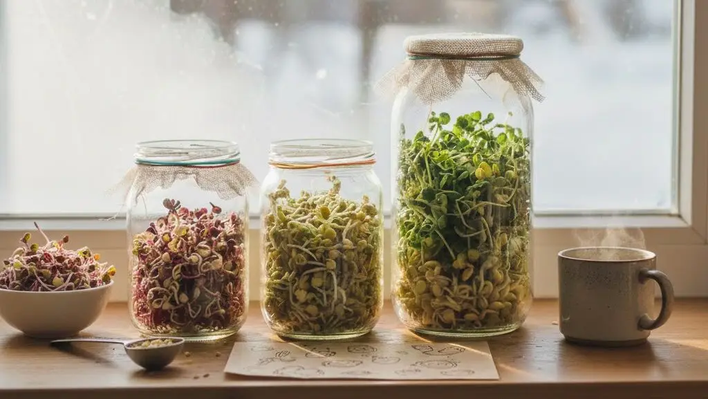 kielki w sloiku, uprawa kielek, kielkownik ze sloika, ogrod na parapecie