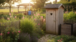 wychodek na działce ROD, toaleta na działce ROD, sławojka, wychodek drewniany, drewniana toaleta