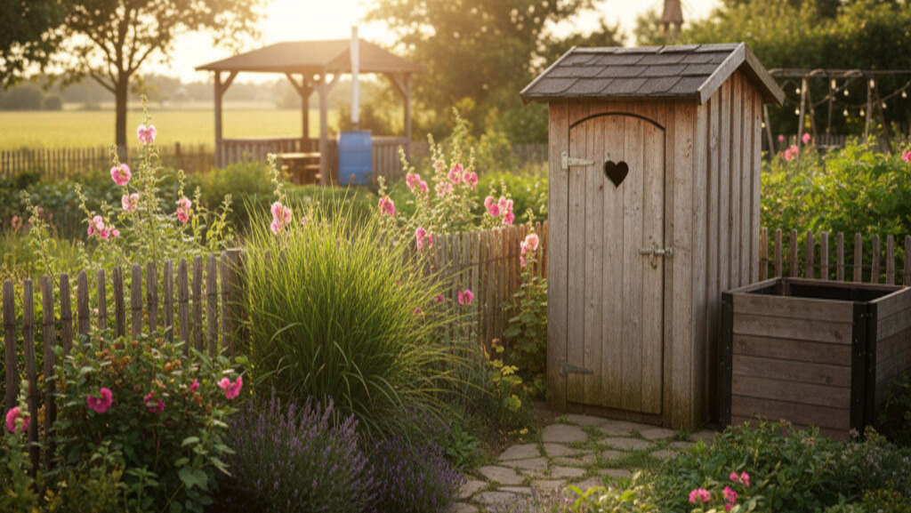 wychodek na działce ROD, toaleta na działce ROD, sławojka, wychodek drewniany, drewniana toaleta